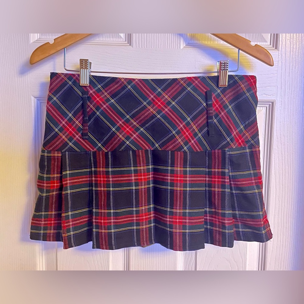 New Look Navy and Red Plaid Pleated Mini Skirt